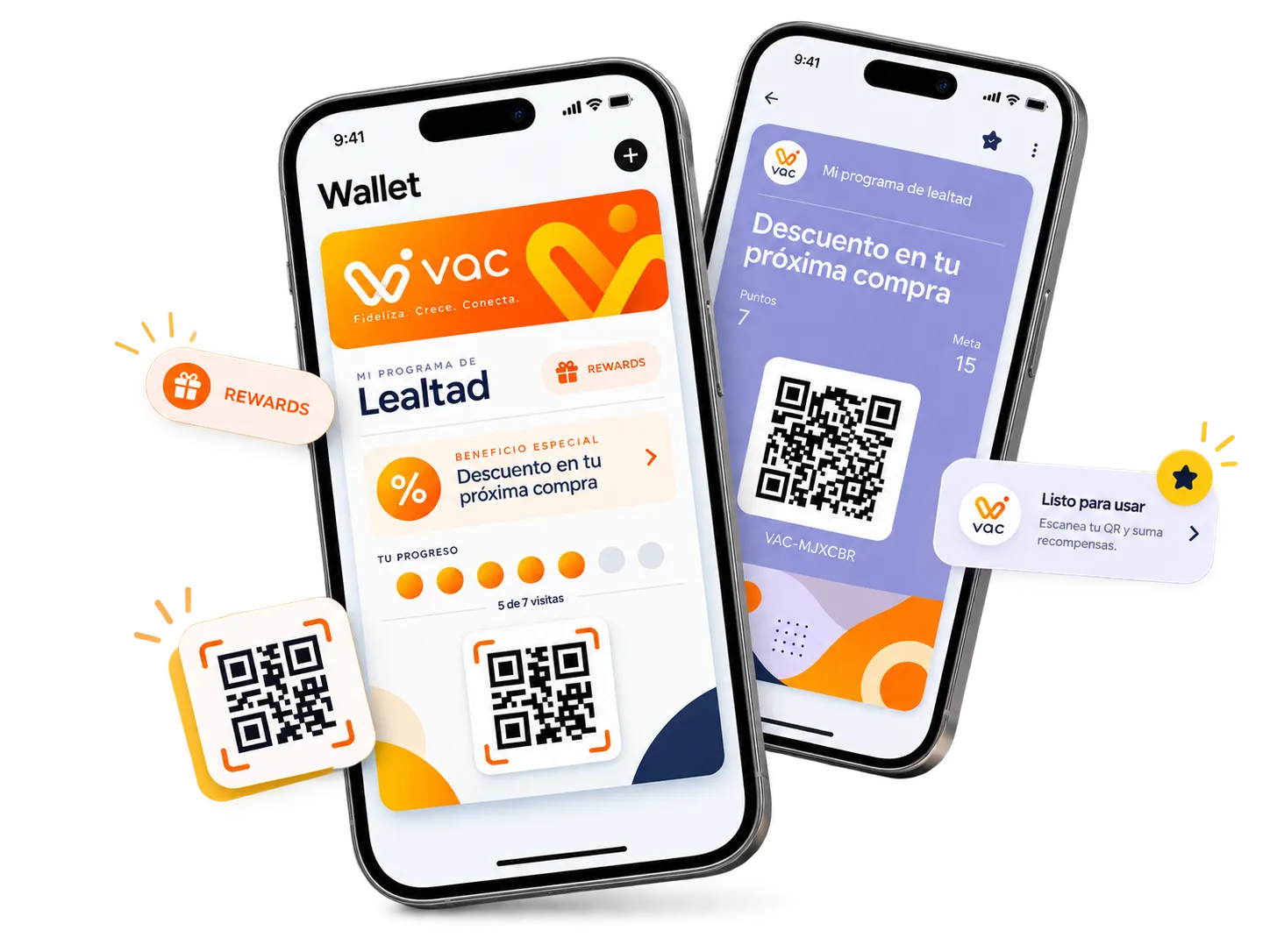 Vista previa de la tarjeta digital VAC en Apple Wallet y pantalla de recompensas