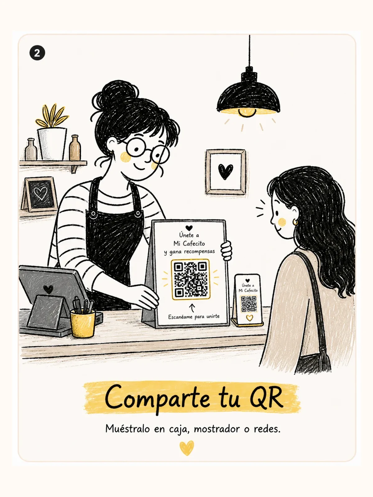 Negocio mostrando el código QR para compartir su programa de lealtad.